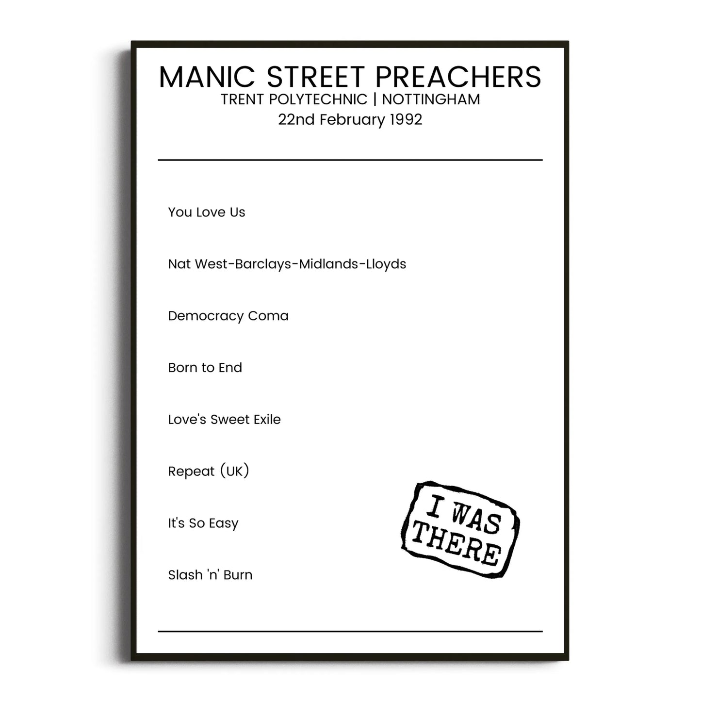 Manic Street Preachers Nottingham 22 February 1992 Setlist Poster