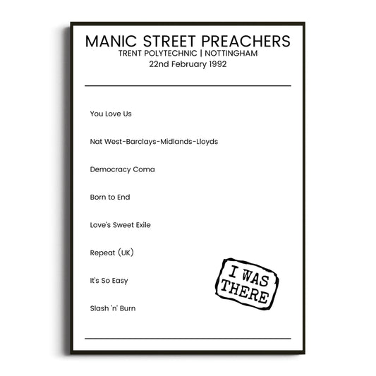 Manic Street Preachers Nottingham 22 February 1992 Setlist Poster