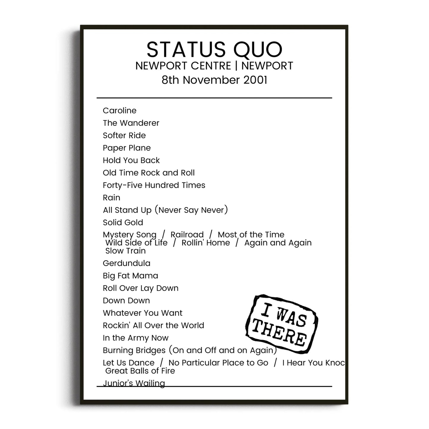 Status Quo Newport 08 November 2001 Setlist Poster