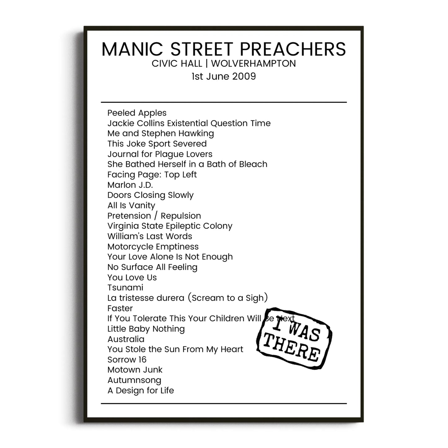 Manic Street Preachers Wolverhampton 01 June 2009 Setlist Poster