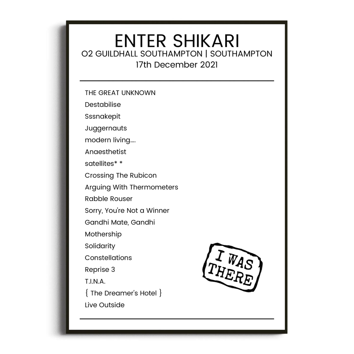 Enter Shikari Southampton 17 December 2021 Setlist Poster