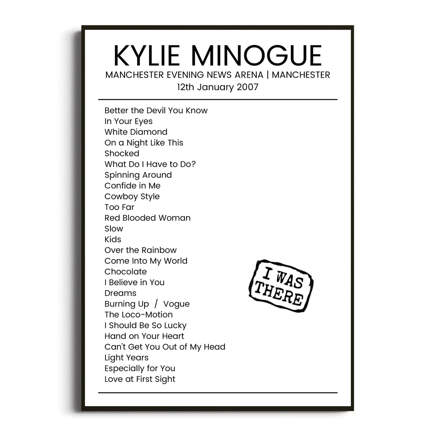 Kylie Minogue Manchester 12 January 2007 Setlist Poster