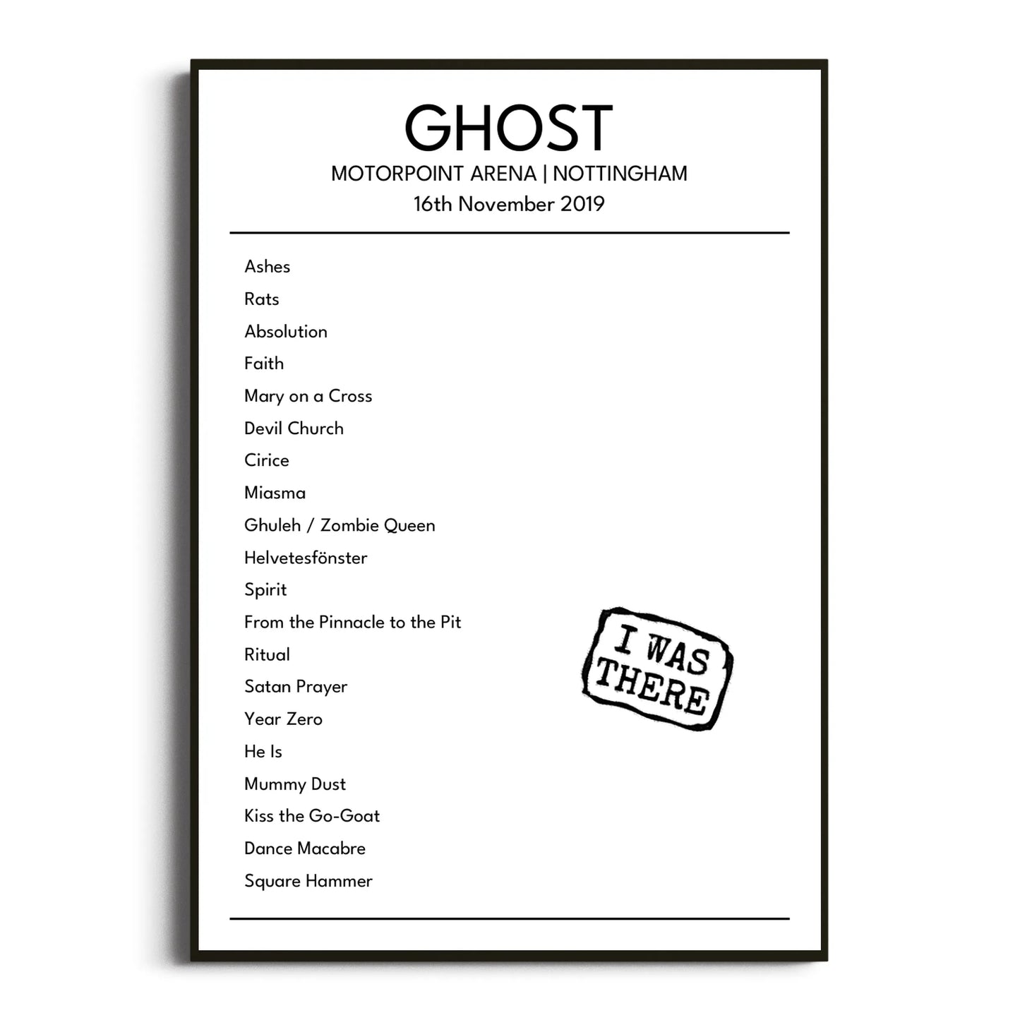 Ghost Nottingham 16 November 2019 Setlist Poster