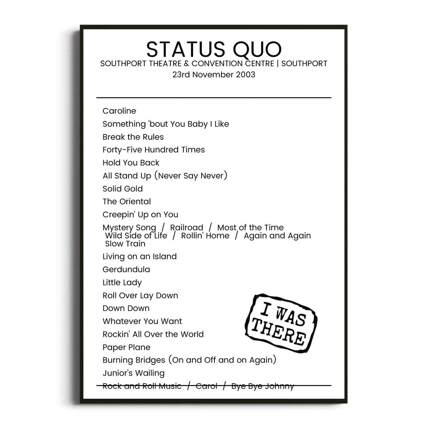 Status Quo Southport 23 November 2003 Setlist Poster