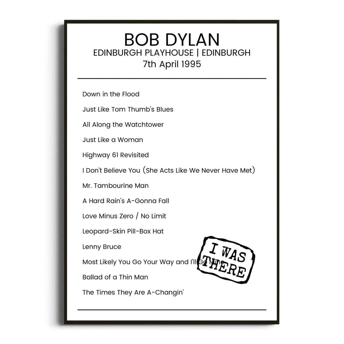 Bob Dylan Edinburgh 07 April 1995 Setlist Poster