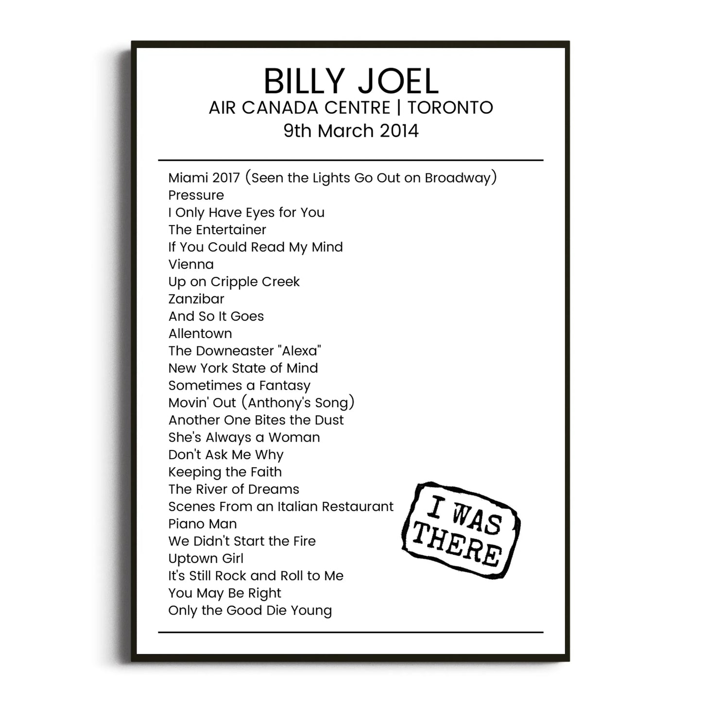 Billy Joel Toronto 09 March 2014 Setlist Poster