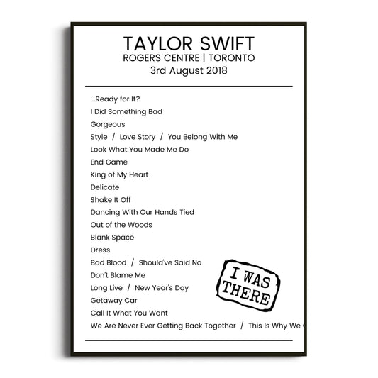 Taylor Swift Toronto 03 August 2018 Setlist Poster