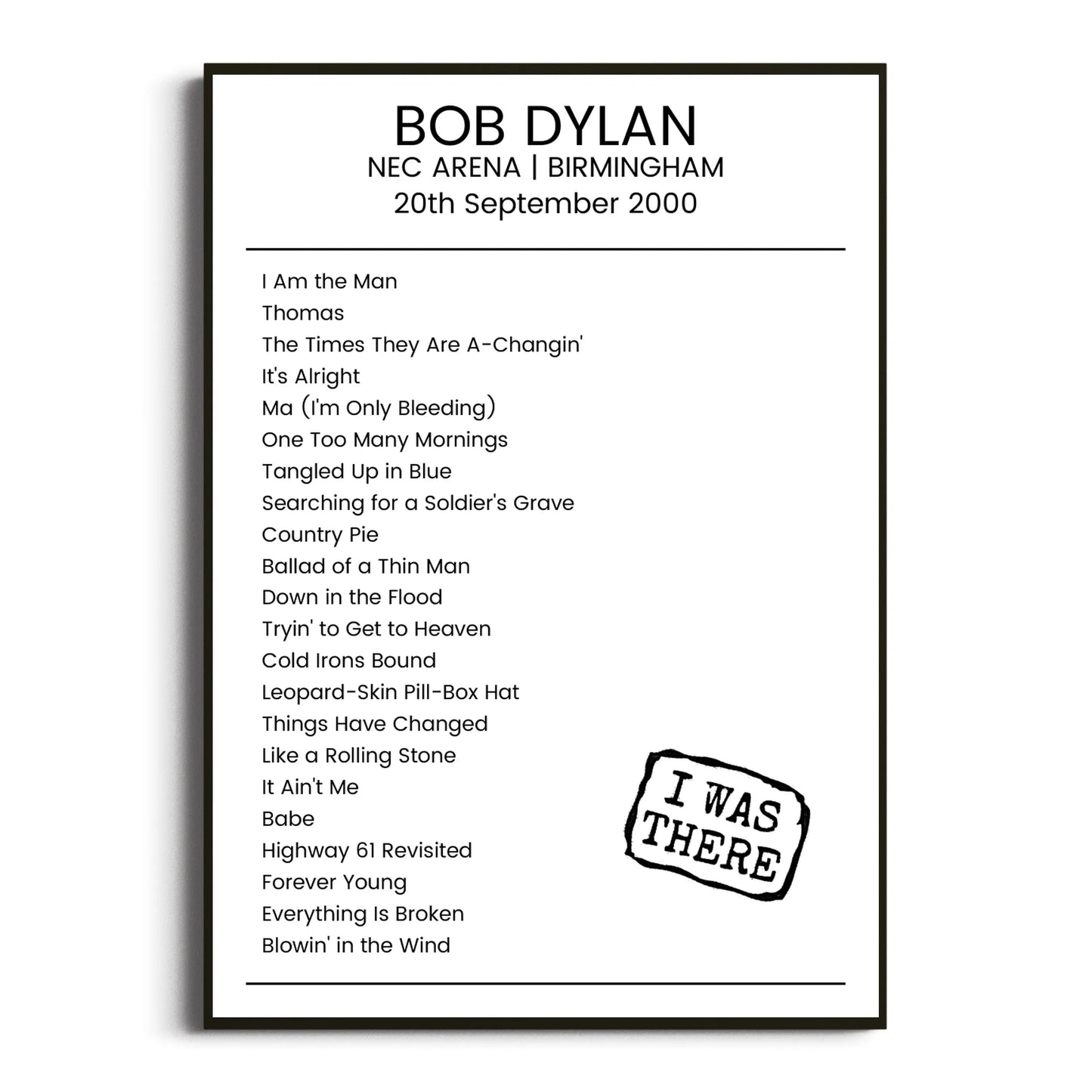 Bob Dylan Birmingham 20 September 2000 Setlist Poster