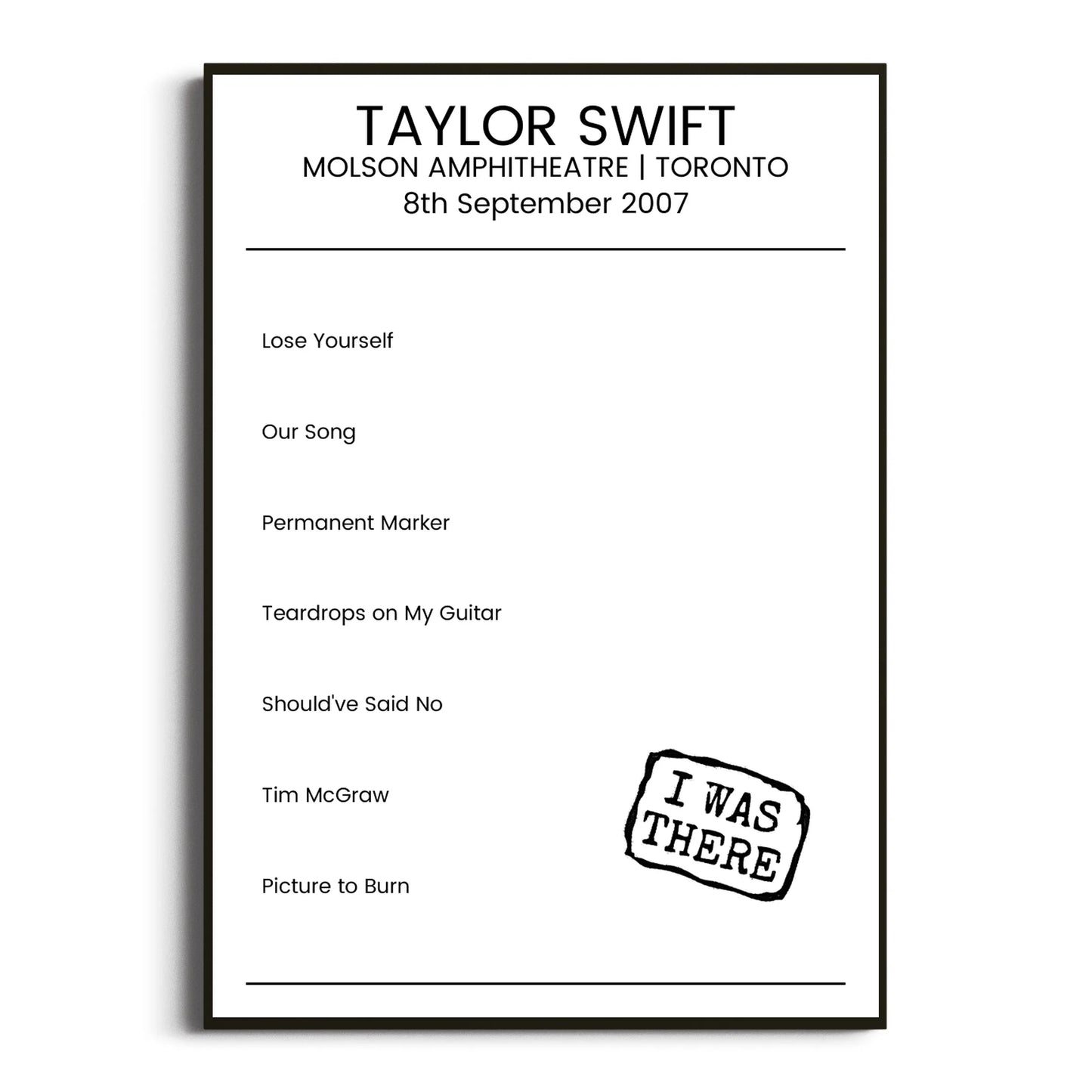 Taylor Swift Toronto 08 September 2007 Setlist Poster