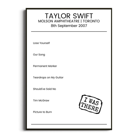 Taylor Swift Toronto 08 September 2007 Setlist Poster