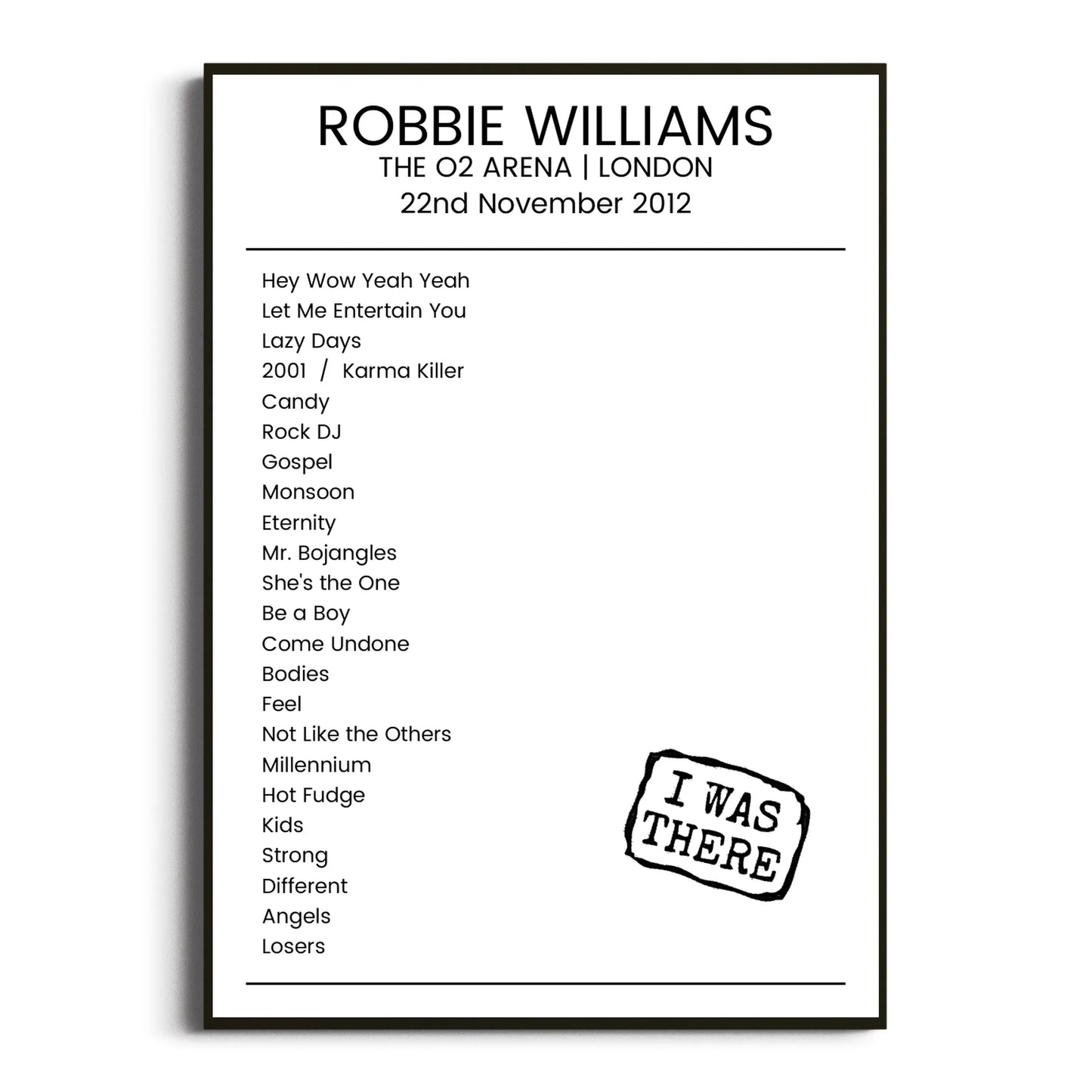 Robbie Williams London 22 November 2012 Setlist Poster