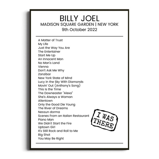 Billy Joel New York 09 October 2022 Setlist Poster