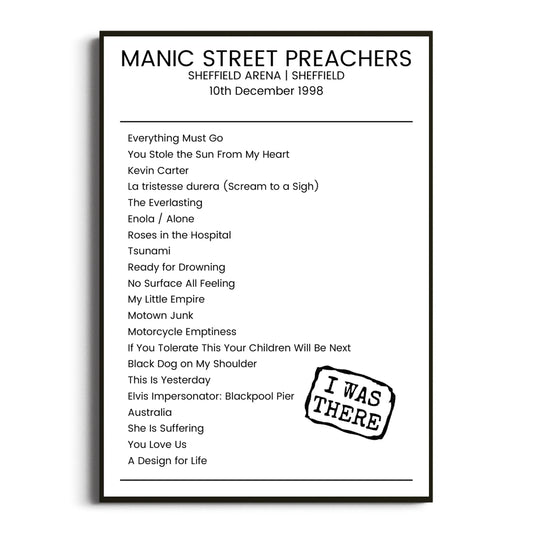 Manic Street Preachers Sheffield 10 December 1998 Setlist Poster