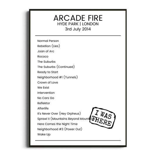 Arcade Fire London 03 July 2014 Setlist Poster