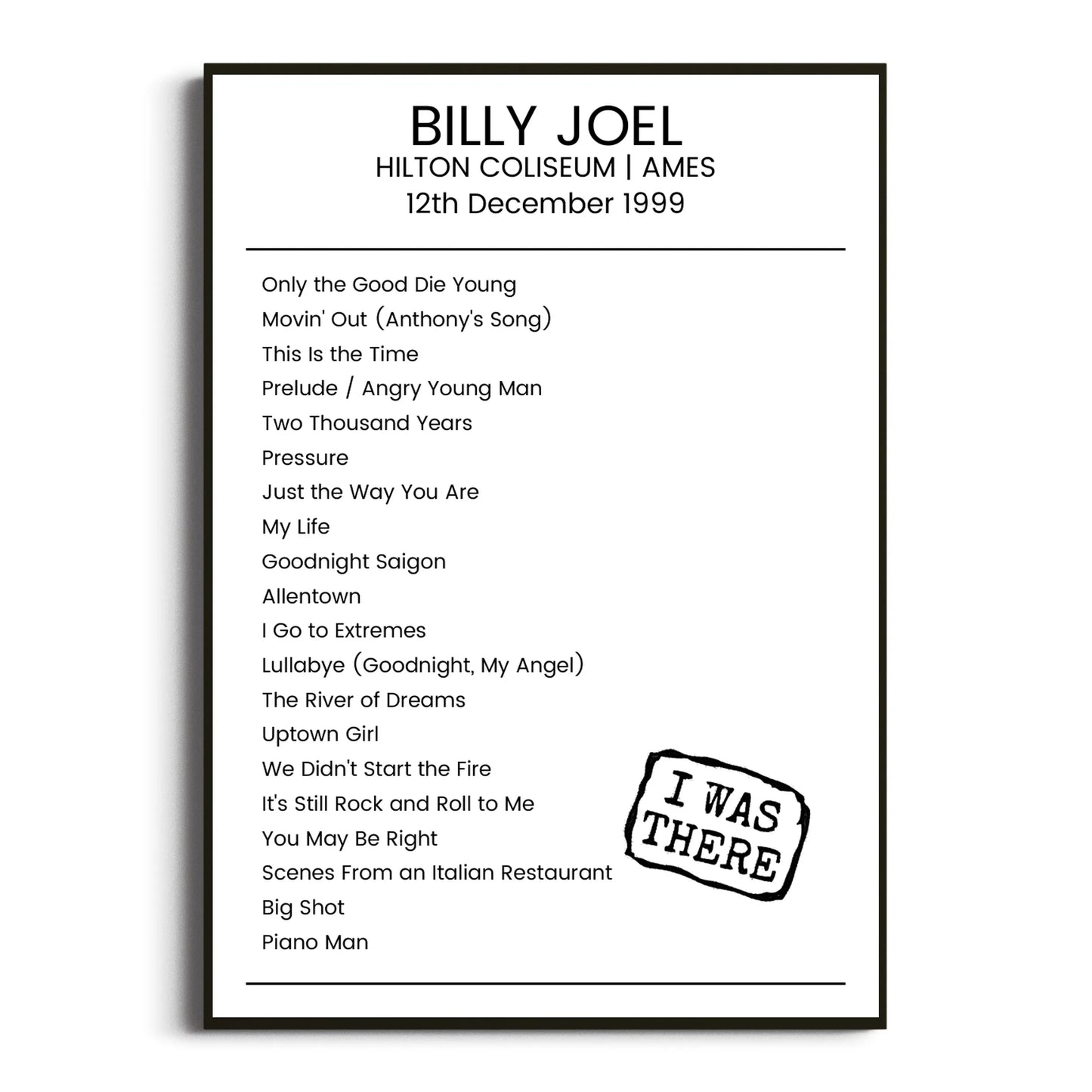 Billy Joel Ames 12 December 1999 Setlist Poster