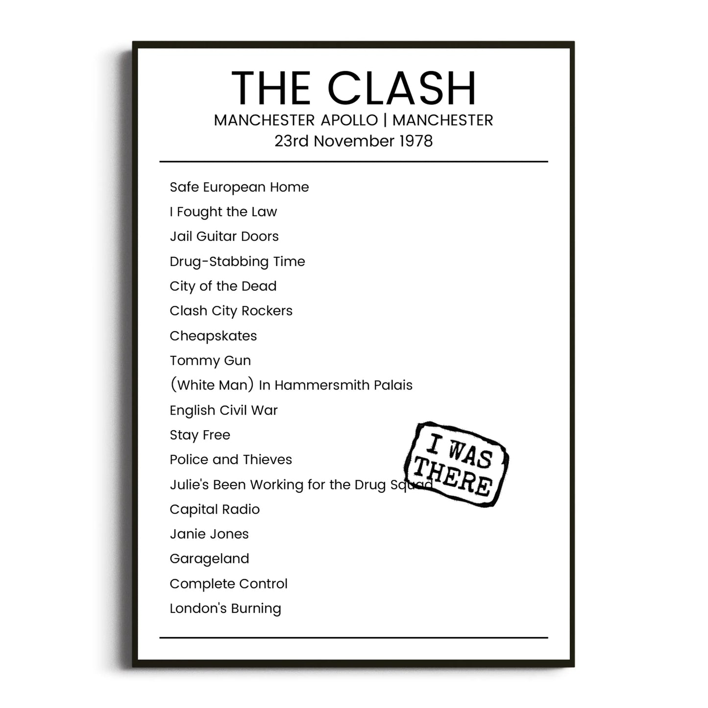 The Clash Manchester 23 November 1978 Setlist Poster