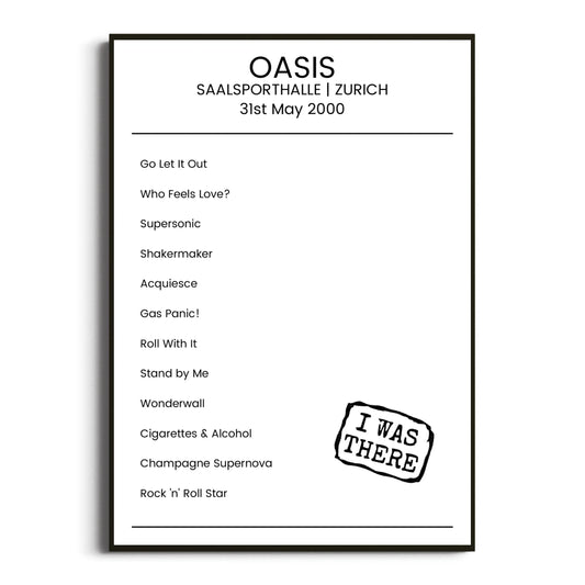 Oasis Zurich 31 May 2000 Setlist Poster