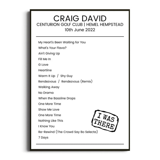 Craig David Hemel Hempstead 10 June 2022 Setlist Poster