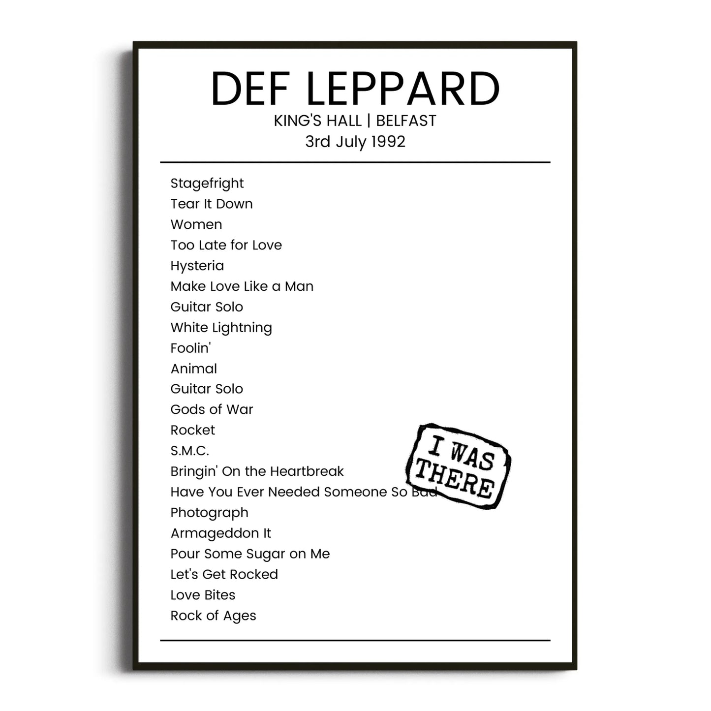 Def Leppard Belfast 03 July 1992 Setlist Poster