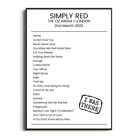 Simply Red London 02 March 2022 Setlist Poster