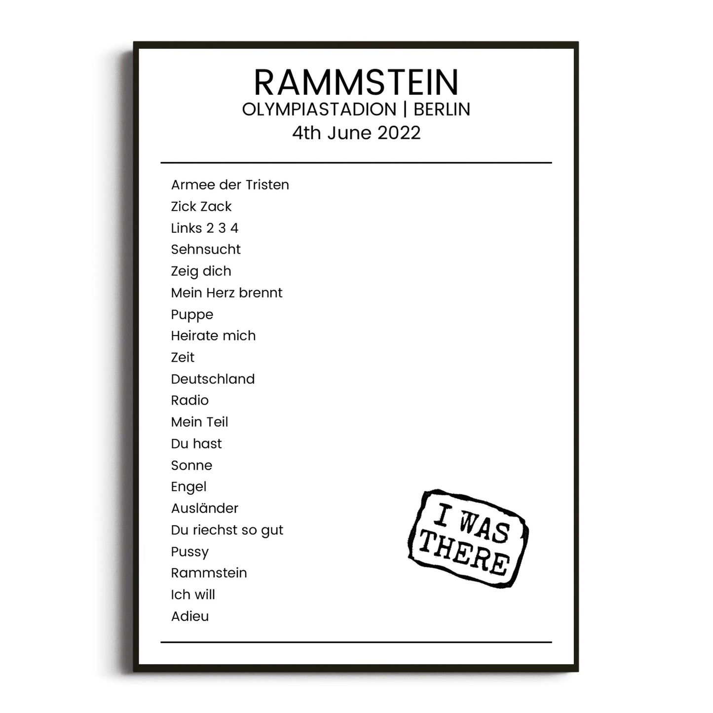 Rammstein Berlin 04 June 2022 Setlist Poster