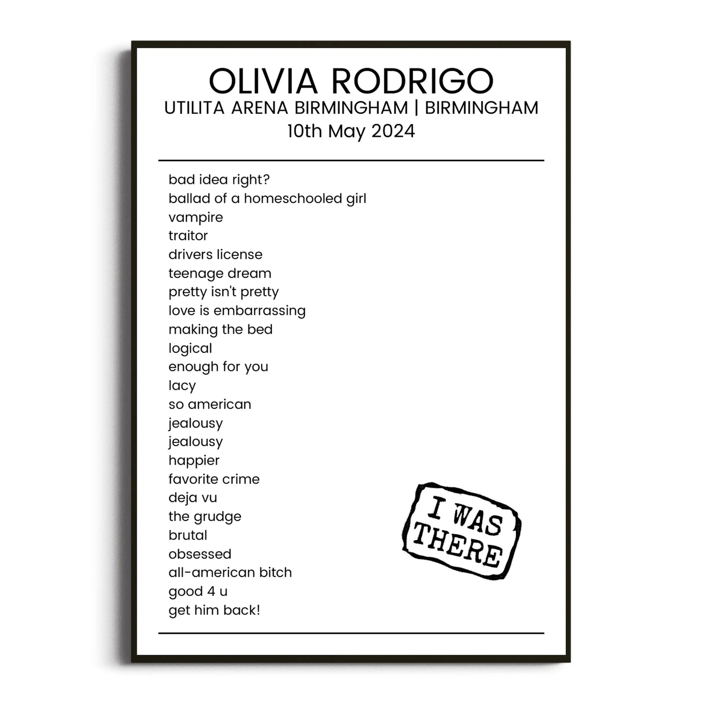 Olivia Rodrigo Birmingham 10 May 2024 Setlist Poster