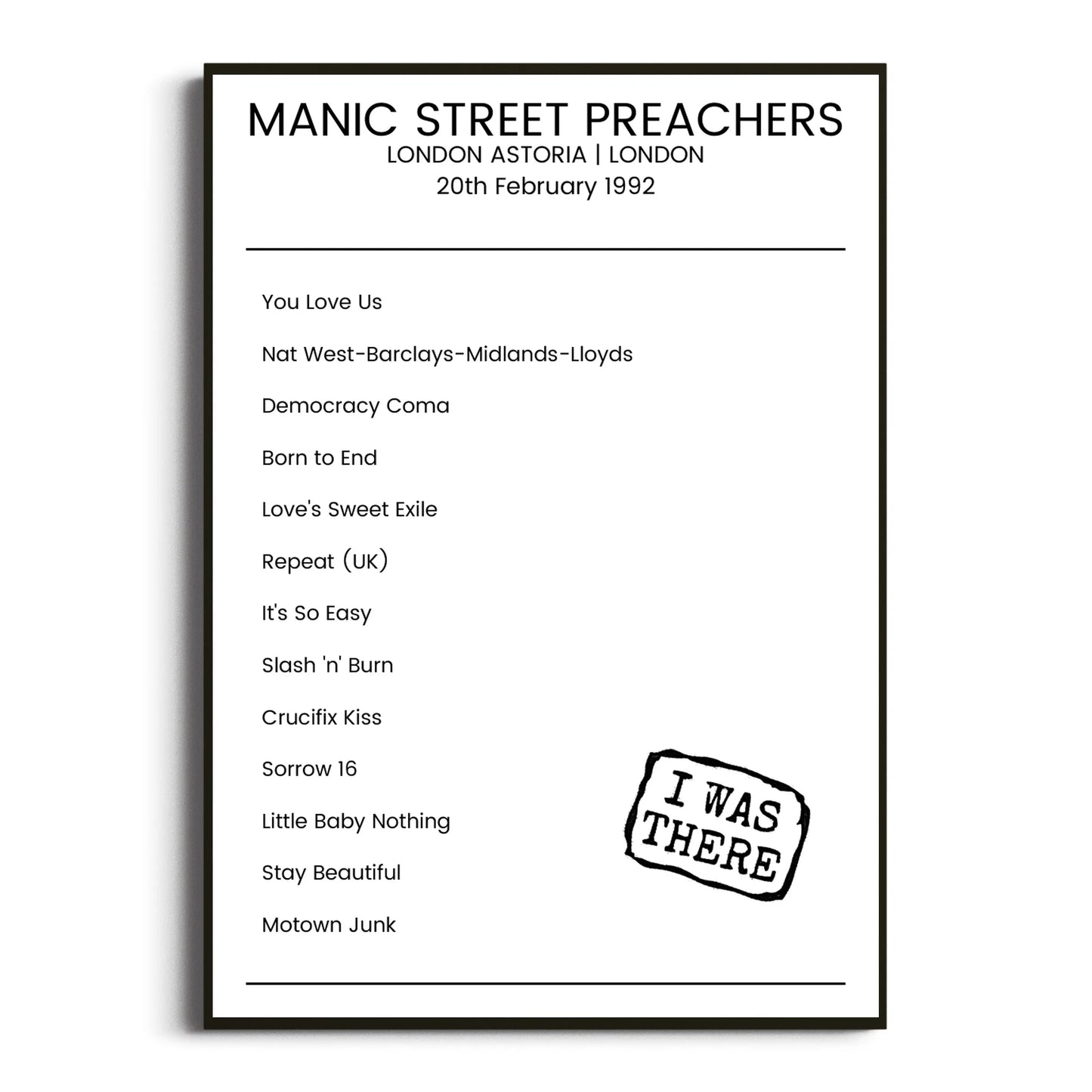 Manic Street Preachers London 20 February 1992 Setlist Poster