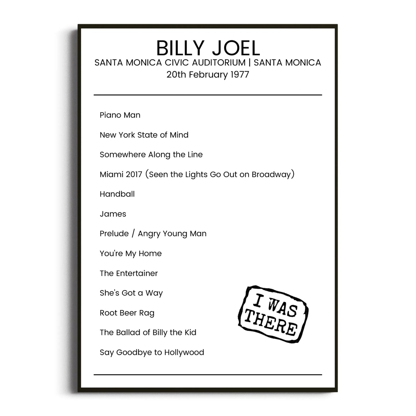 Billy Joel Santa Monica 20 February 1977 Setlist Poster