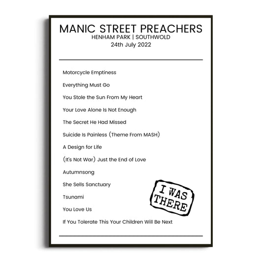 Manic Street Preachers Southwold 24 July 2022 Setlist Poster