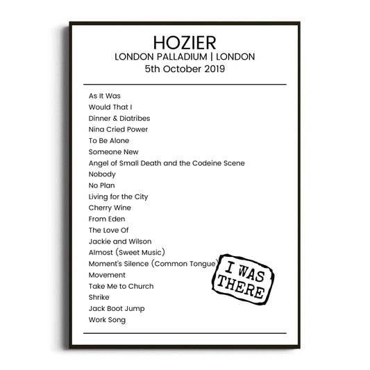 Hozier London 05 October 2019 Setlist Poster