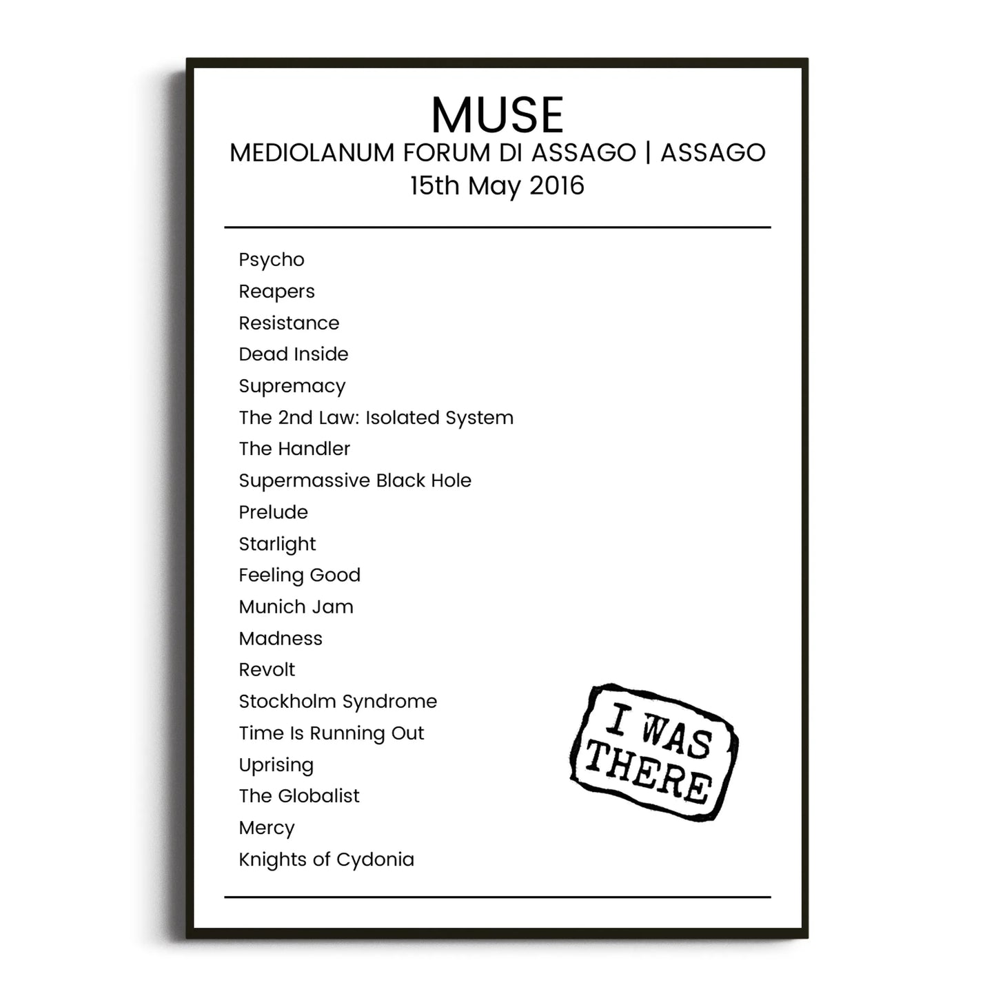 Muse Assago 15 May 2016 Setlist Poster