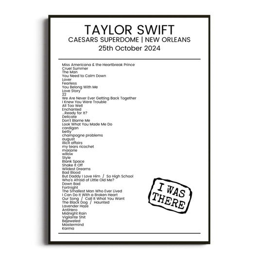 Taylor Swift New Orleans 25 October 2024 Setlist Poster