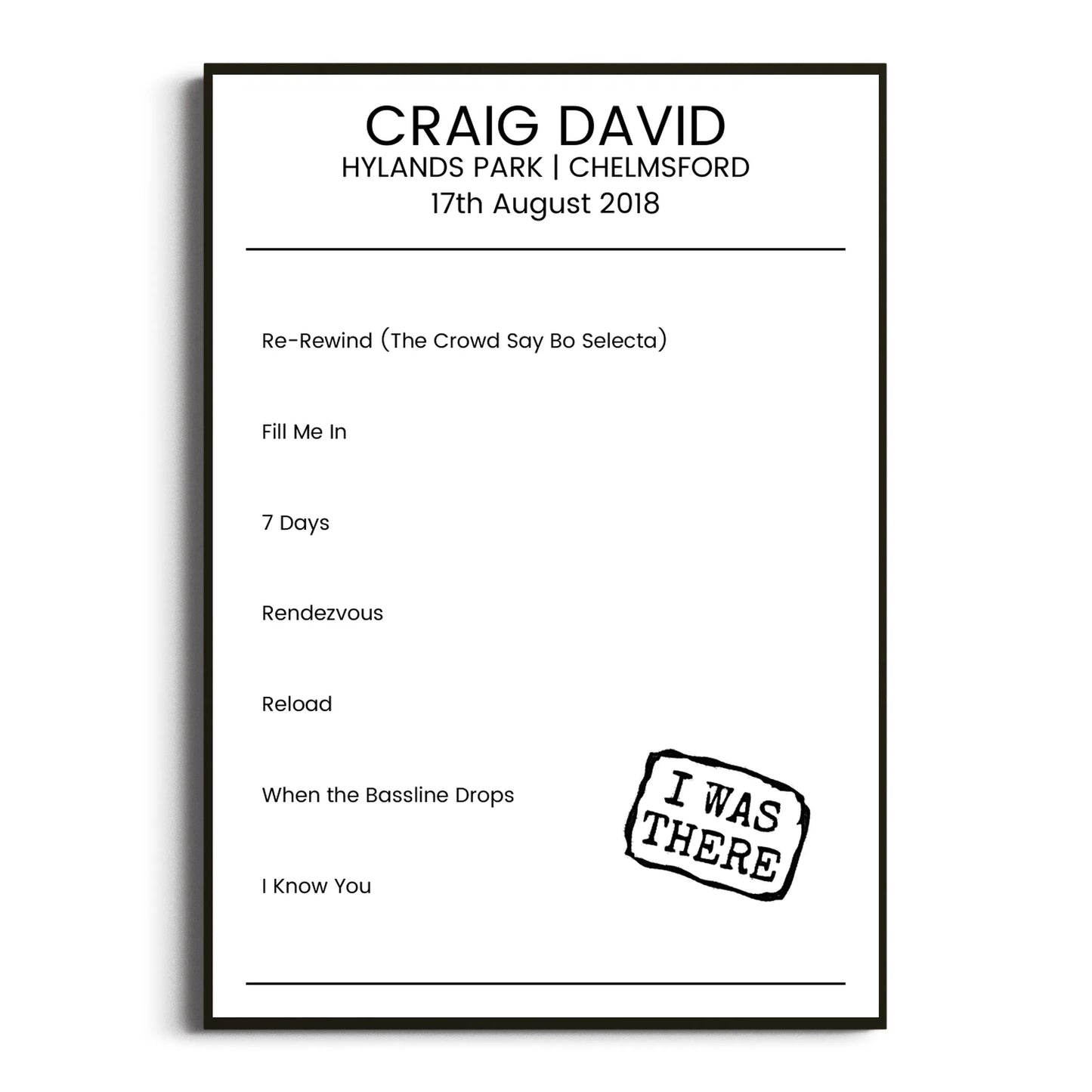 Craig David Chelmsford 17 August 2018 Setlist Poster