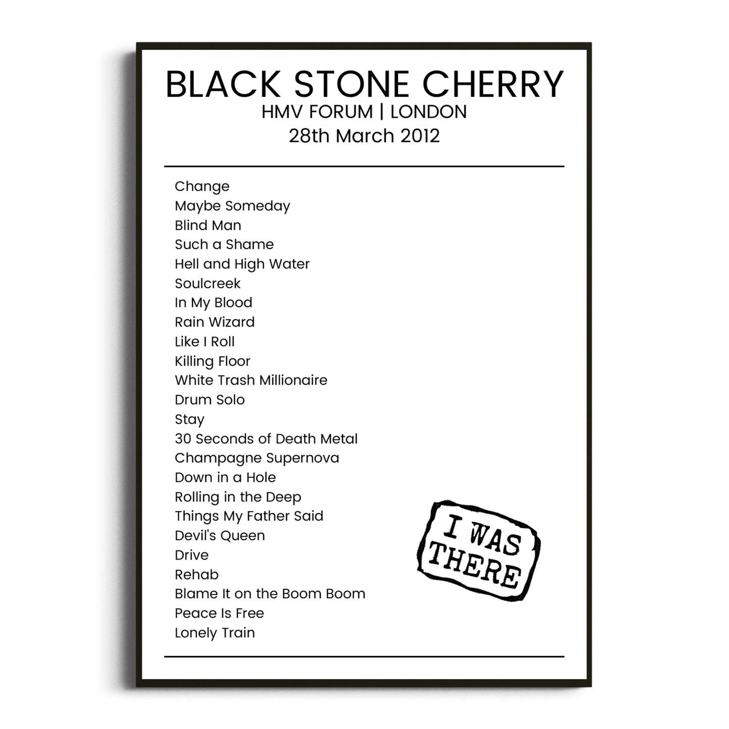 Black Stone Cherry London 28 March 2012 Setlist Poster