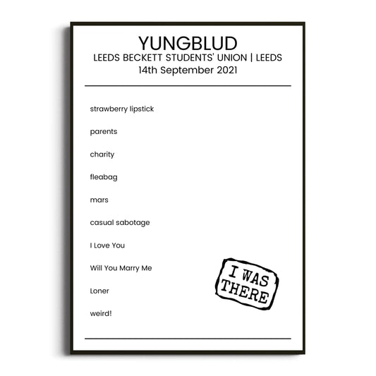 YUNGBLUD Leeds 14 September 2021 Setlist Poster