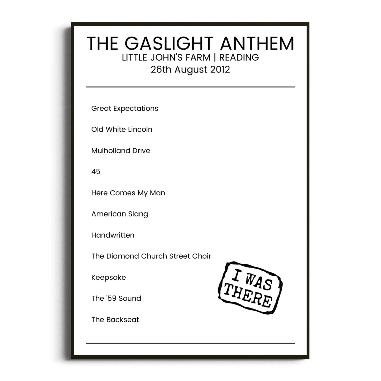 The Gaslight Anthem Reading 26 August 2012 Setlist Poster