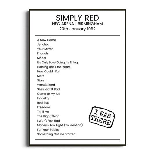 Simply Red Birmingham 20 January 1992 Setlist Poster