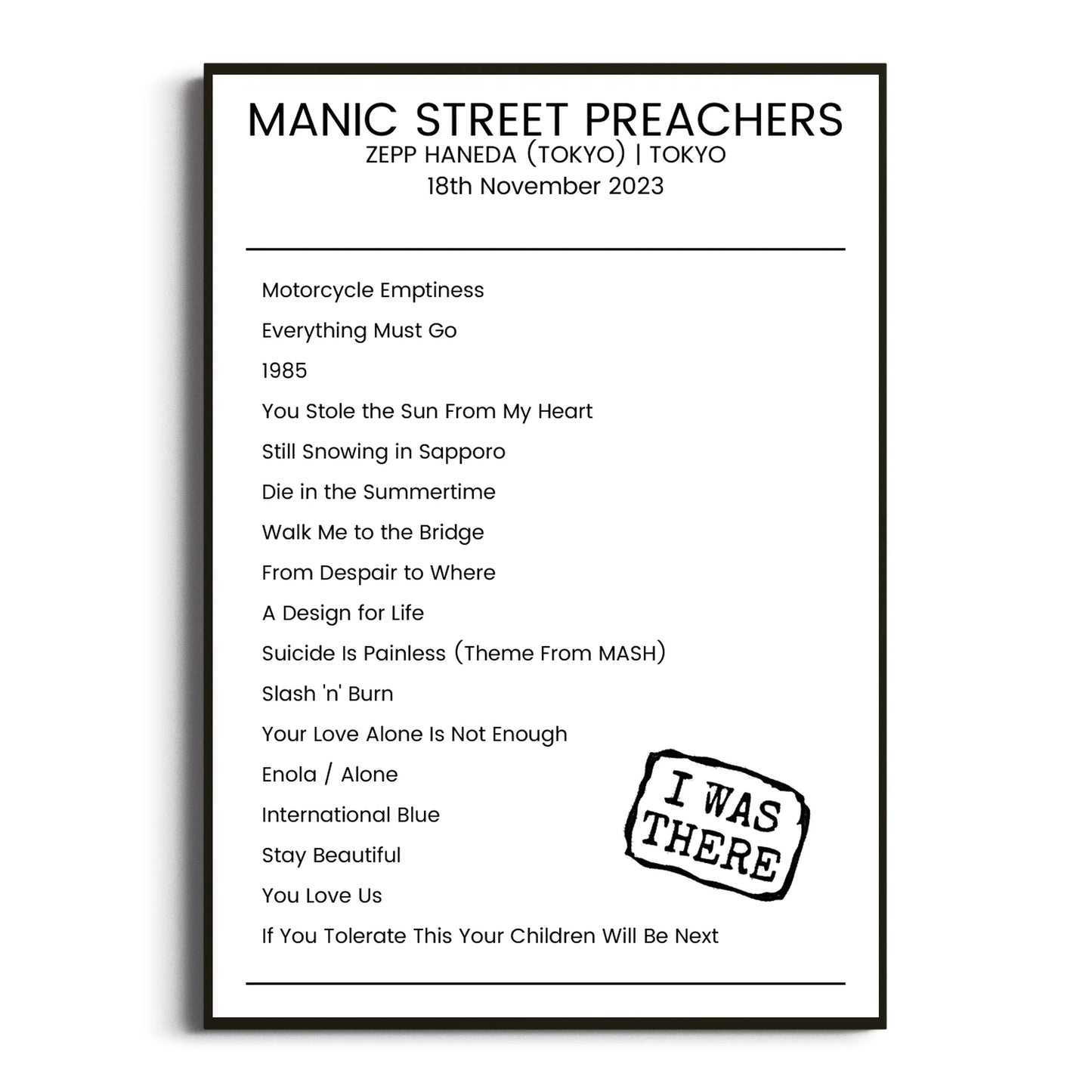 Manic Street Preachers Tokyo 18 November 2023 Setlist Poster