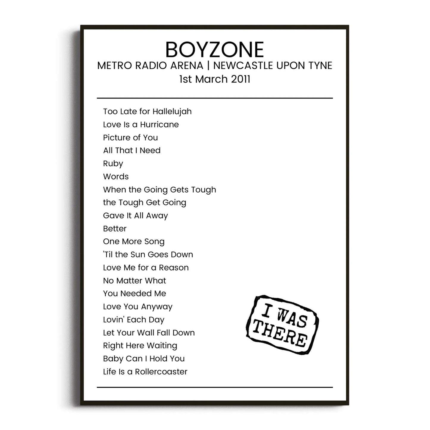 Boyzone Newcastle upon Tyne 01 March 2011 Setlist Poster