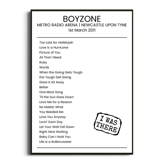 Boyzone Newcastle upon Tyne 01 March 2011 Setlist Poster