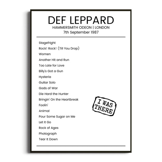 Def Leppard London 07 September 1987 Setlist Poster