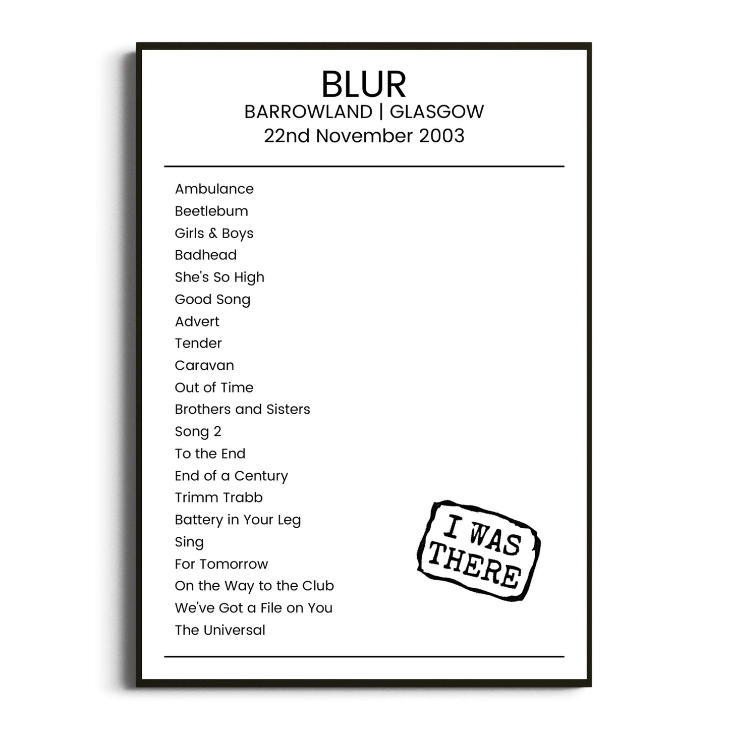 Blur Glasgow 22 November 2003 Setlist Poster