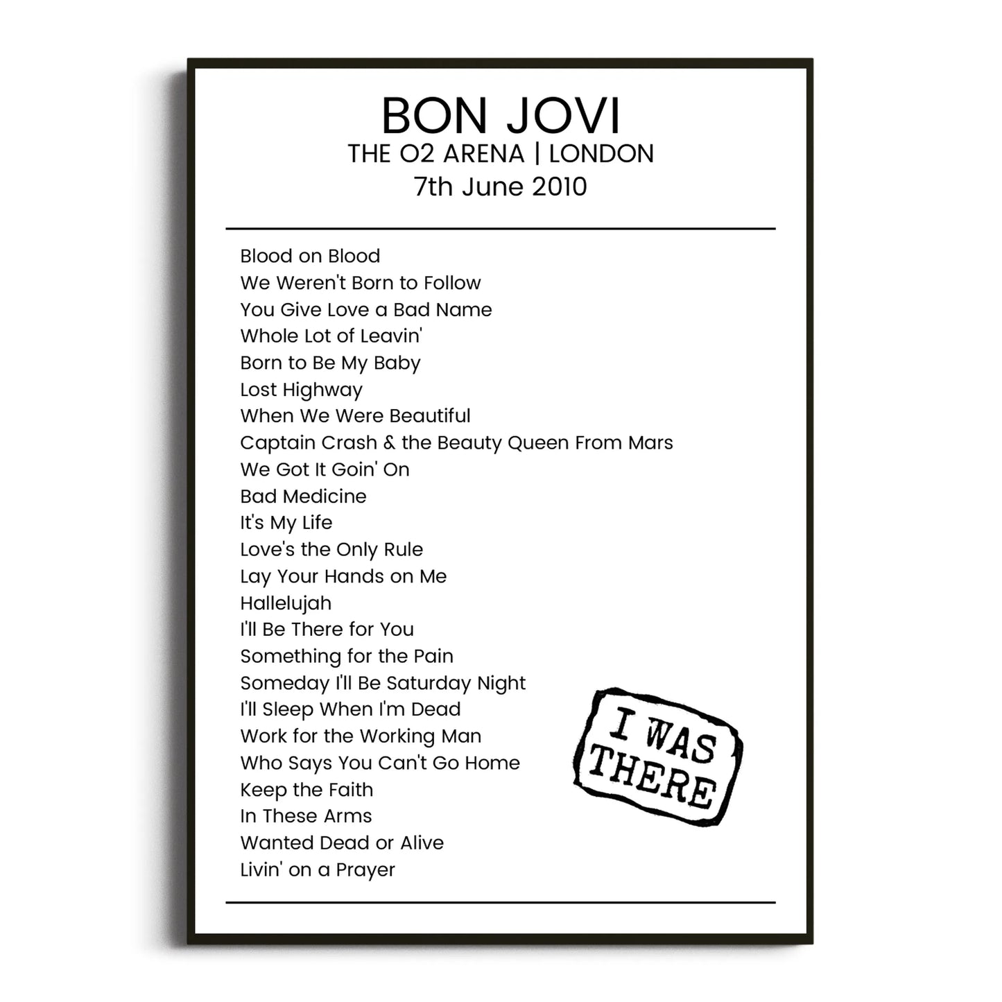 Bon Jovi London 07 June 2010 Setlist Poster