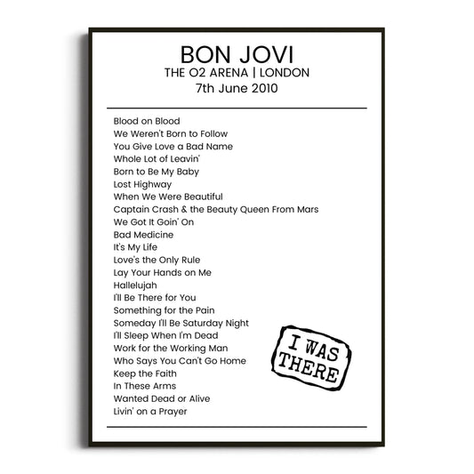 Bon Jovi London 07 June 2010 Setlist Poster