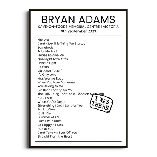 Bryan Adams Victoria 09 September 2023 Setlist Poster