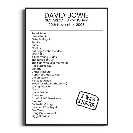 David Bowie Birmingham 20 November 2003 Setlist Poster