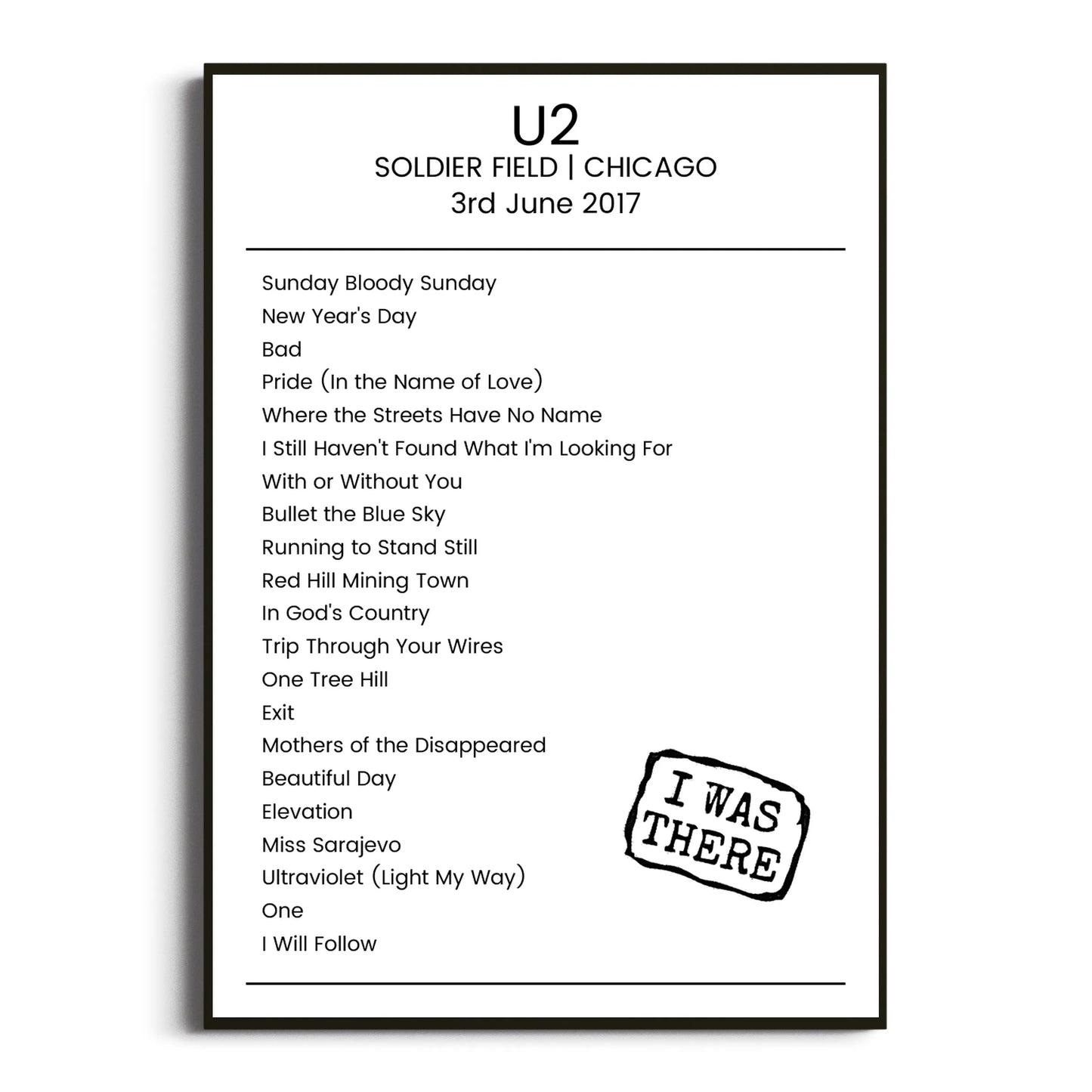 U2 Chicago 03 June 2017 Setlist Poster