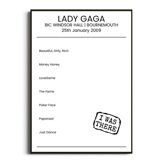 Lady Gaga Bournemouth 25 January 2009 Setlist Poster