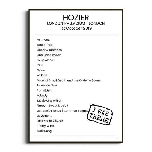 Hozier London 01 October 2019 Setlist Poster