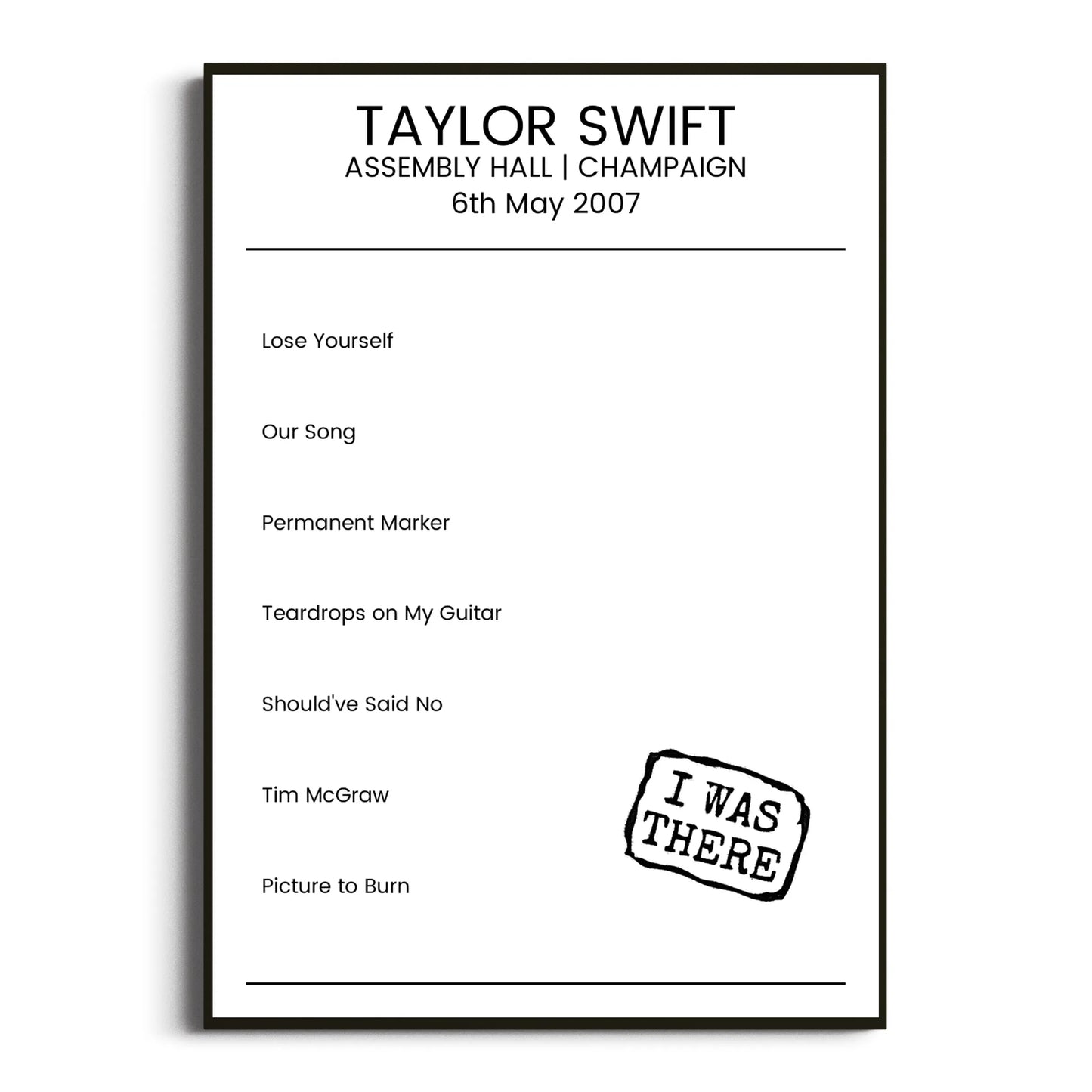 Taylor Swift Champaign 06 May 2007 Setlist Poster